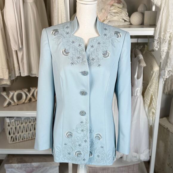 Emily Jackets & Blazers - Emily size 8 robin’s egg blue embroidered jacket, feminine demure, classic #3747